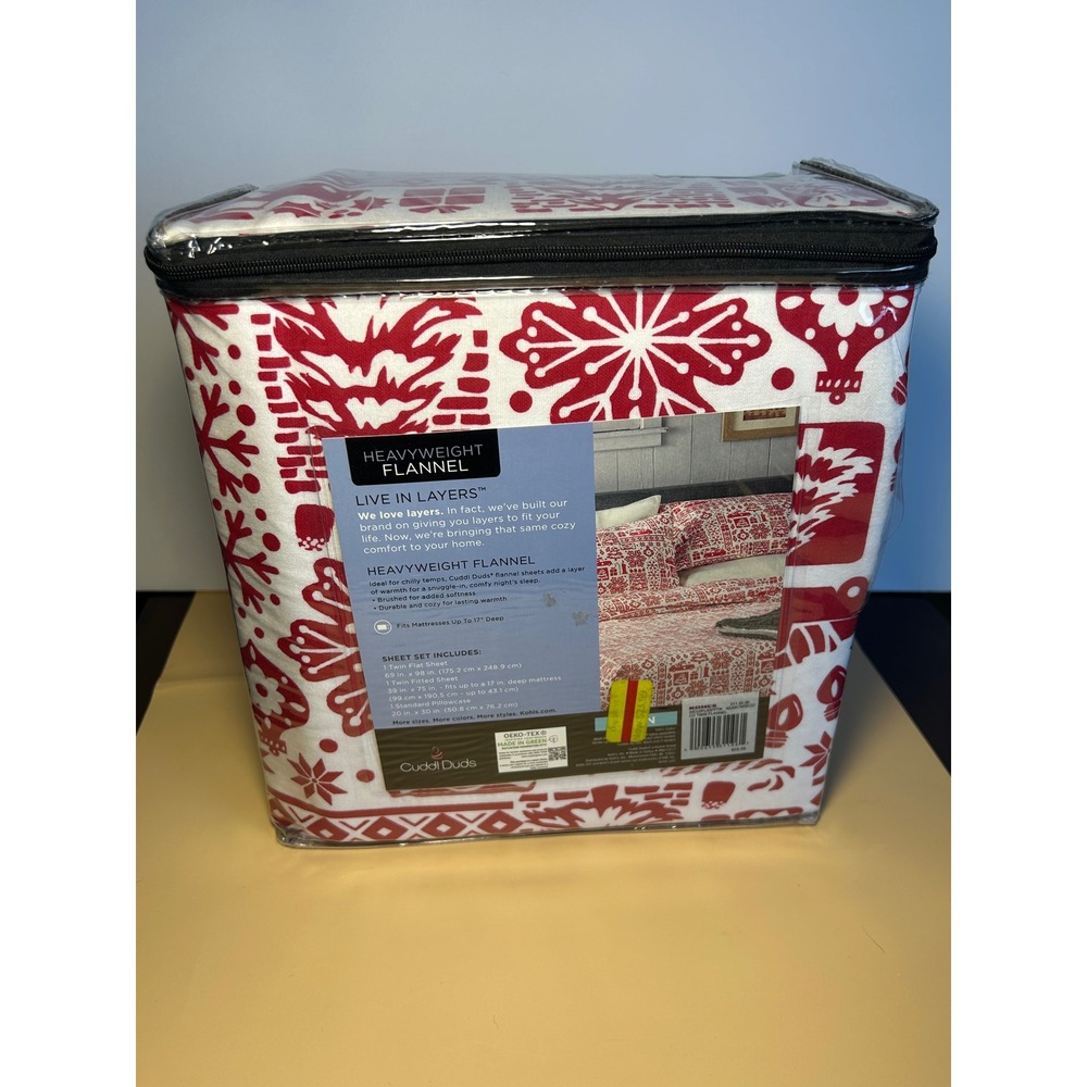 Cuddl Duds Twin Heavyweight Flannel Sheet Set Holiday Paper Cut Red White NEW